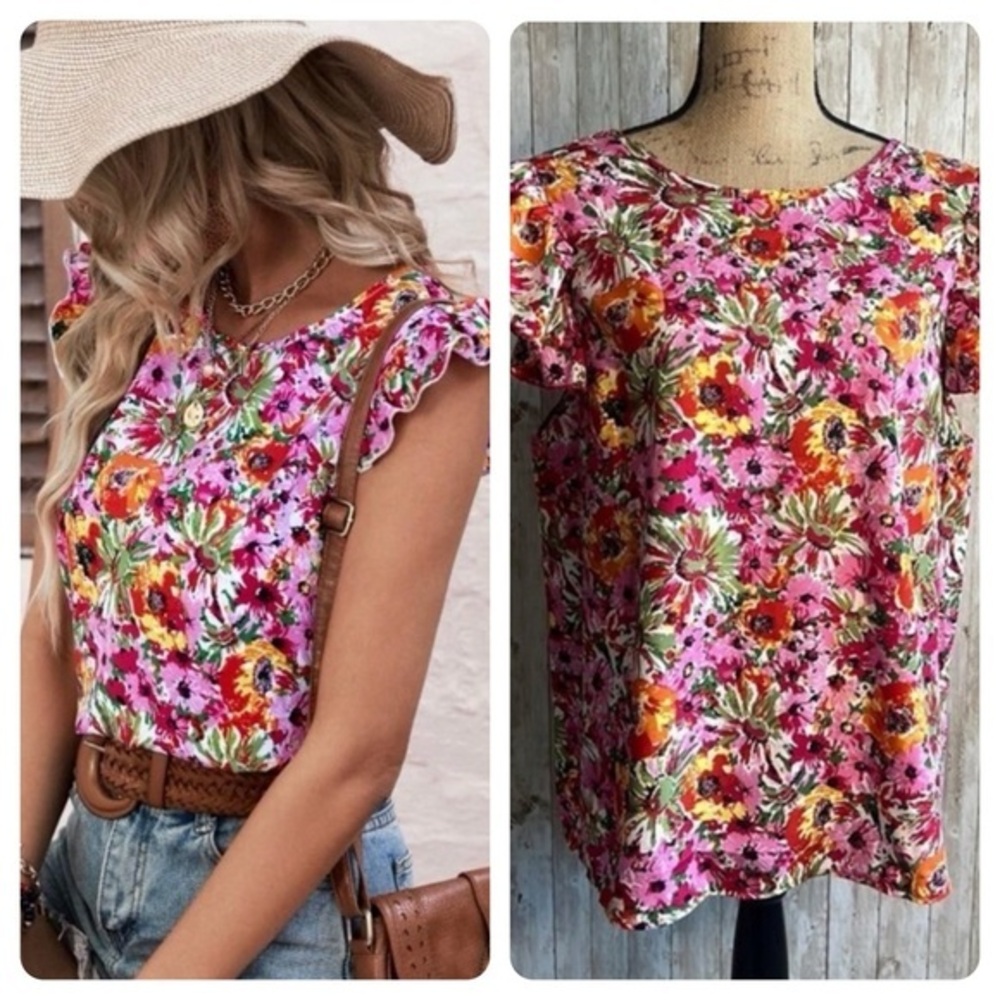 Shein Curve All Over Floral Print Ruffle Trim Blouse